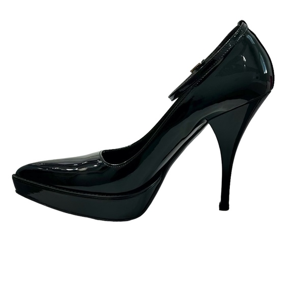 PRADA BLACK PATENT LEATHER POINTED TOE ANKLE STRAP PLATFORM STILETTO HEELS - Picture 3 of 16